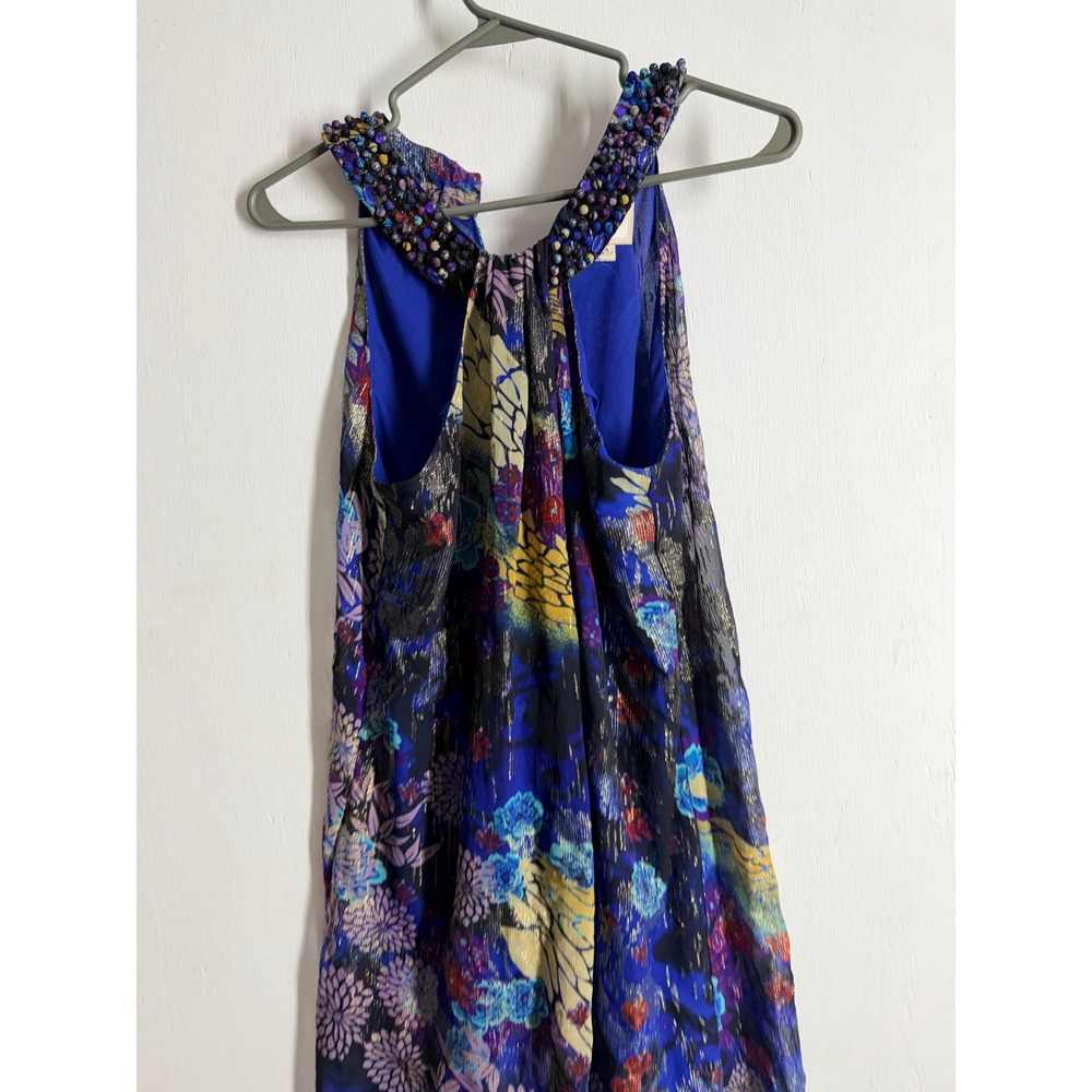 ECI New York Beaded Halter Floral Metallic Blue Mini Dress Size 4 Cocktail Party